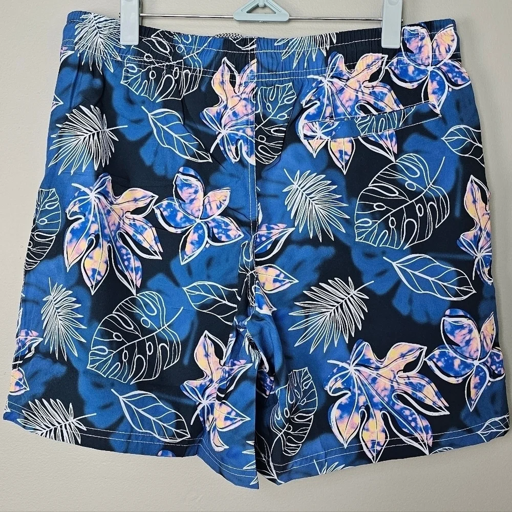 Men's Quick Dry Tropical Beach Shorts Swimsuit Swimwear Swim Trunks, Blue Leaf